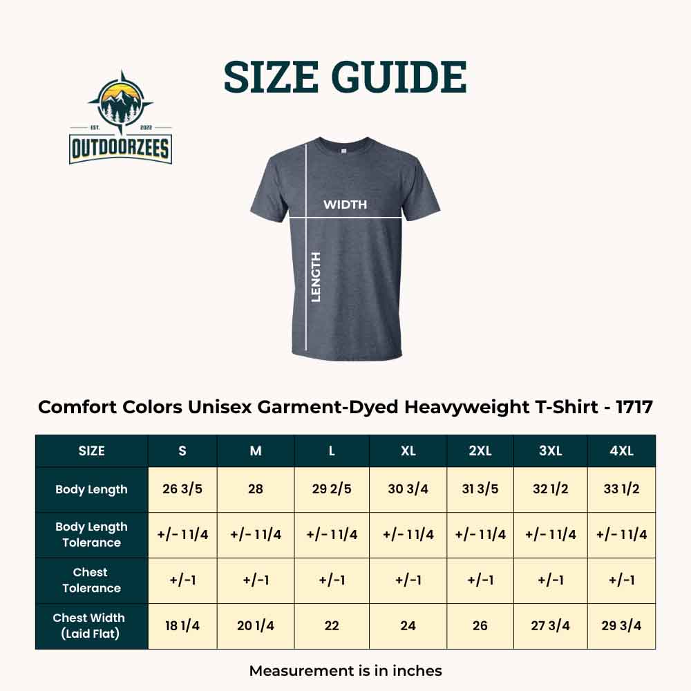 Size guide for t-shirts with measurements in inches, featuring the Outdoorzeez brand.