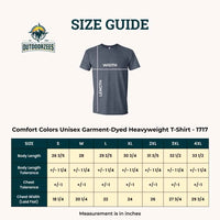 Thumbnail for Size guide for t-shirts with measurements in inches, featuring the Outdoorzeez brand.