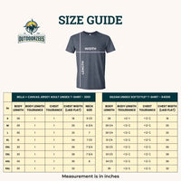 Thumbnail for Size guide for t-shirts with measurements in inches, featuring the Outdoorzeez brand.