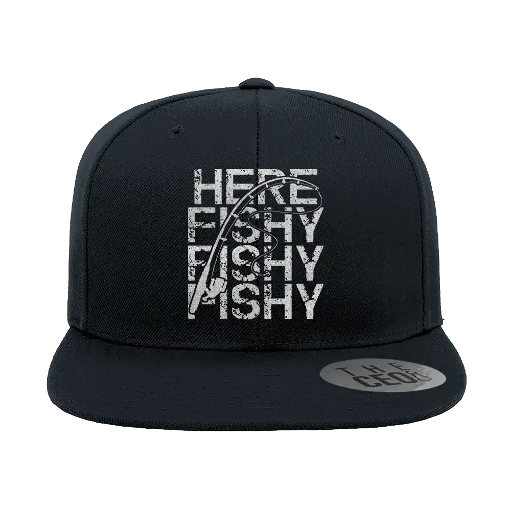 Here Fishy Fishy Embroidered Flat Bill Cap