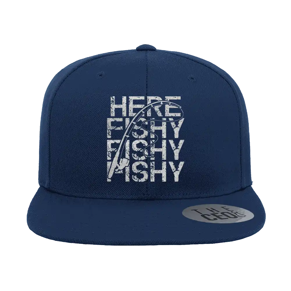 Here Fishy Fishy Embroidered Flat Bill Cap
