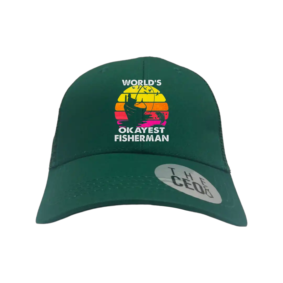 World's Okayest Fisherman Printed Trucker Hat