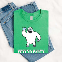 Thumbnail for Green t-shirt with a yeti graphic and 'Yeti to Party' text on a white background