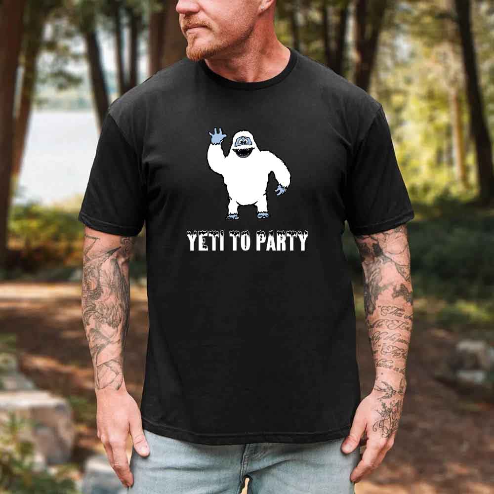 May include a holiday-themed T-shirt with a cheerful Yeti graphic and a festive “Yeti to Party” phrase in winter colors.