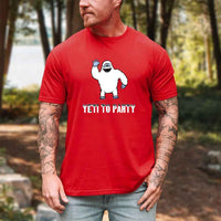 Thumbnail for Man wearing a red t-shirt with a yeti graphic and 'Yeti to Party' text in a forest setting
