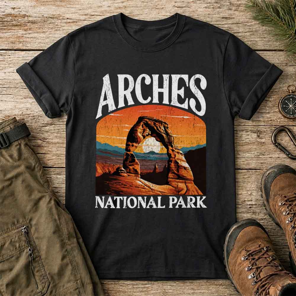May include an Arches National Park graphic t-shirt with a Utah desert inspired design for hikers, campers, travelers, and national park lovers.