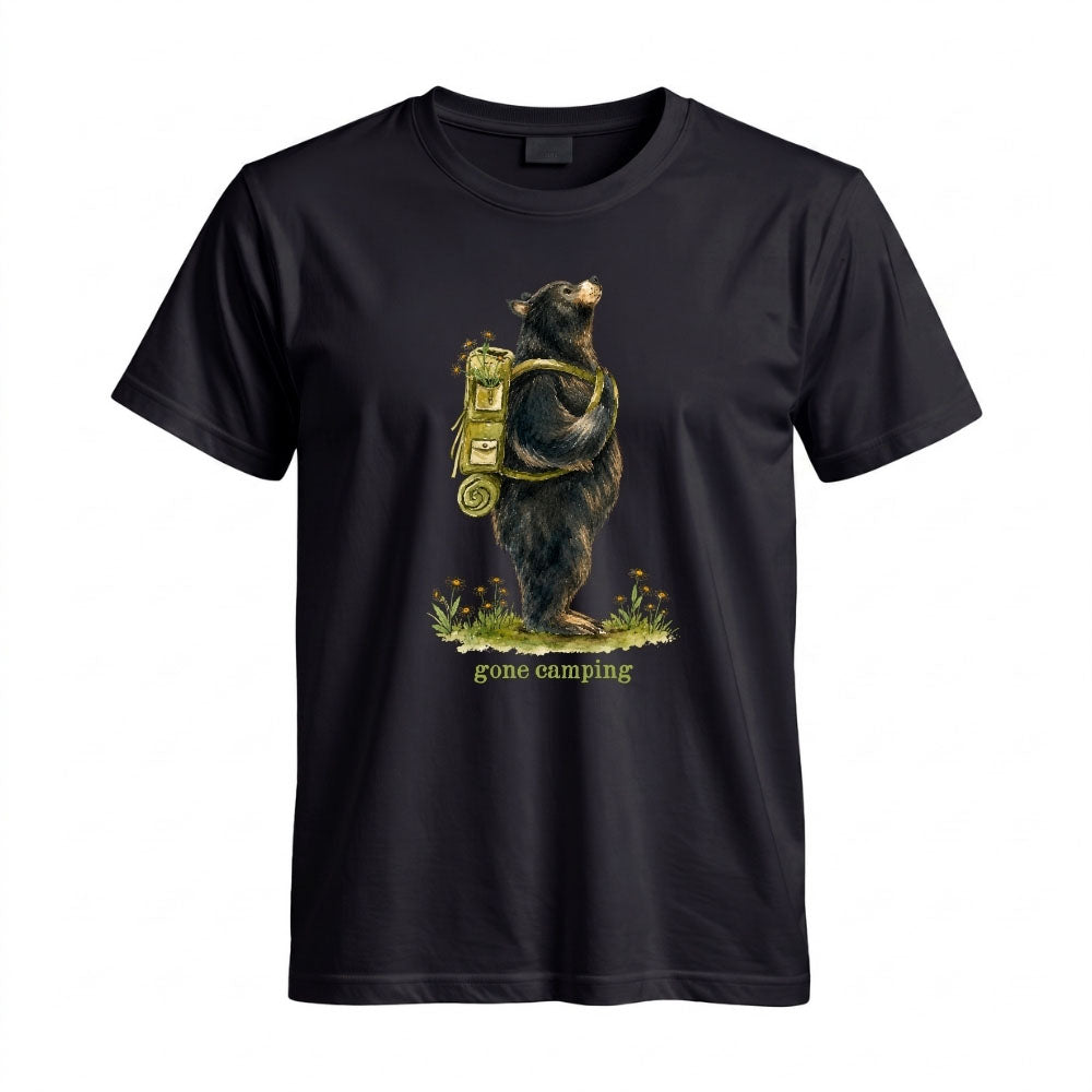 May include a Black person wearing the Black Bear Gone Camping T-Shirt featuring a camping-themed black bear graphic for nature lovers and outdoor enthusiasts.