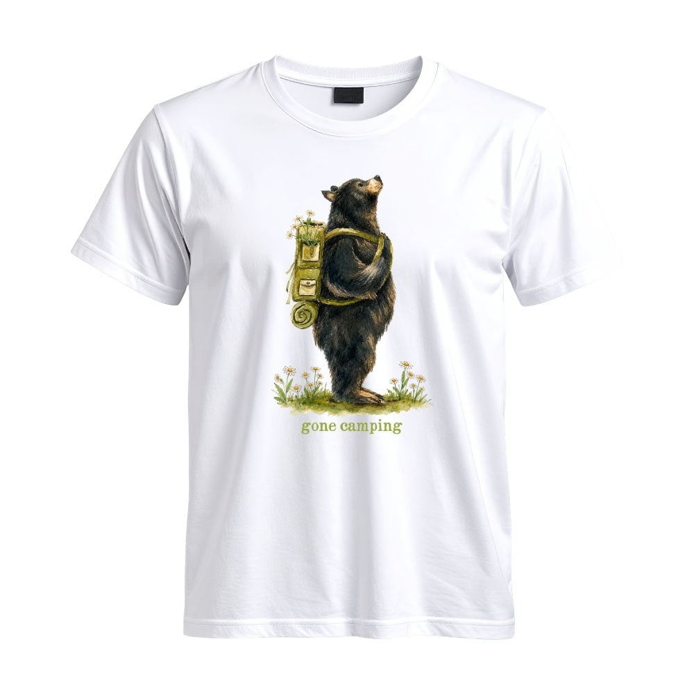 May include a White person wearing the Black Bear Gone Camping T-Shirt featuring a camping-themed black bear graphic for nature lovers and outdoor enthusiasts.