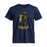 Thumbnail for May include a Navy person wearing the Black Bear Gone Camping T-Shirt featuring a camping-themed black bear graphic for nature lovers and outdoor enthusiasts.