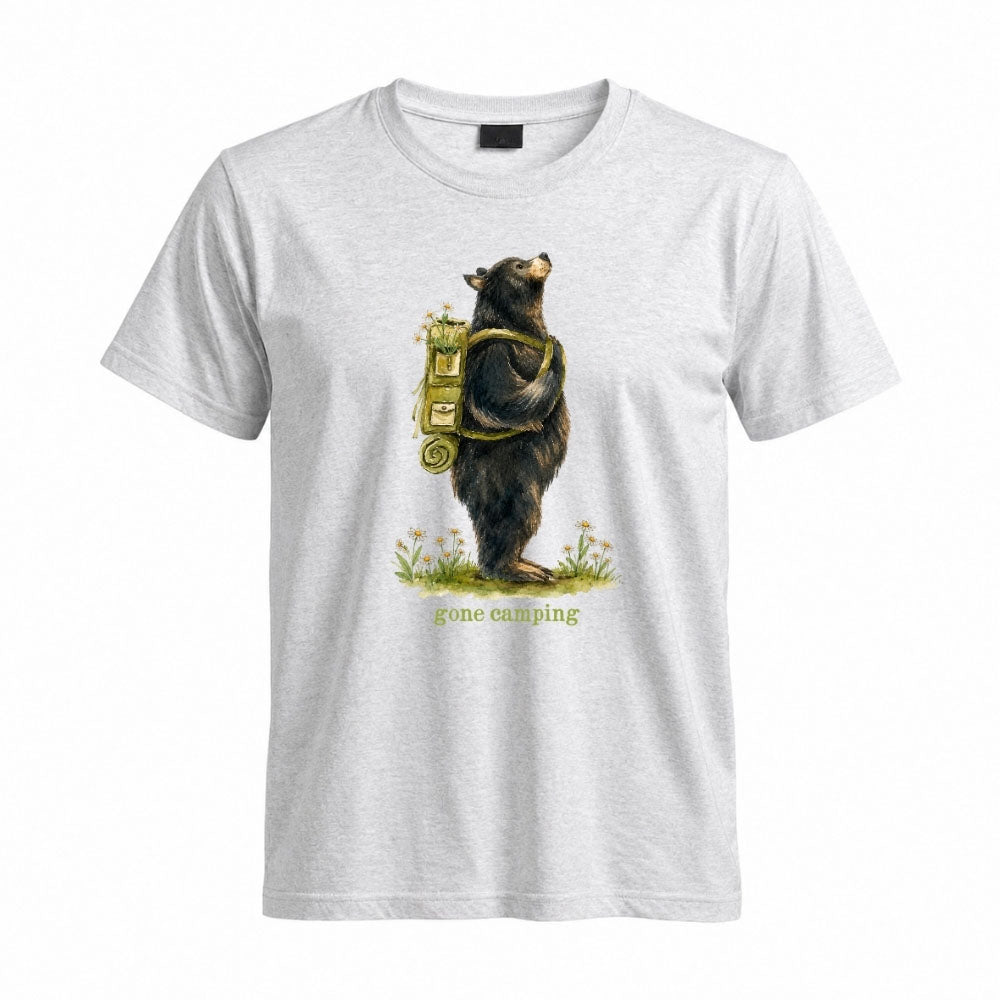 May include a Sport Grey person wearing the Black Bear Gone Camping T-Shirt featuring a camping-themed black bear graphic for nature lovers and outdoor enthusiasts.