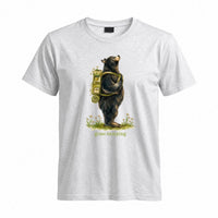 Thumbnail for May include a Sport Grey person wearing the Black Bear Gone Camping T-Shirt featuring a camping-themed black bear graphic for nature lovers and outdoor enthusiasts.