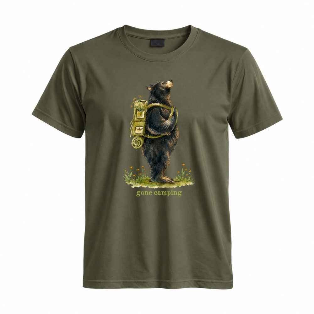 May include a Military Green person wearing the Black Bear Gone Camping T-Shirt featuring a camping-themed black bear graphic for nature lovers and outdoor enthusiasts.