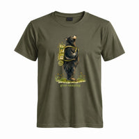 Thumbnail for May include a Military Green person wearing the Black Bear Gone Camping T-Shirt featuring a camping-themed black bear graphic for nature lovers and outdoor enthusiasts.