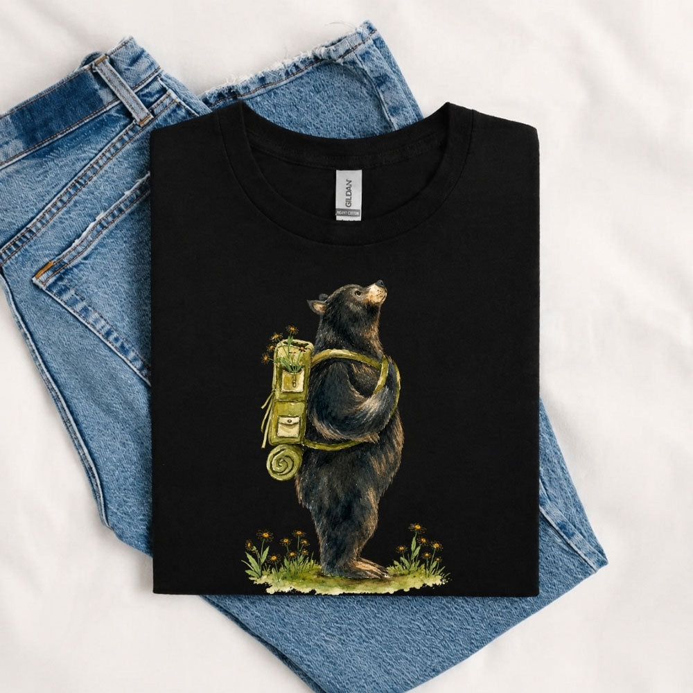 May include a Black person wearing the Black Bear Gone Camping T-Shirt featuring a camping-themed black bear graphic for nature lovers and outdoor enthusiasts.