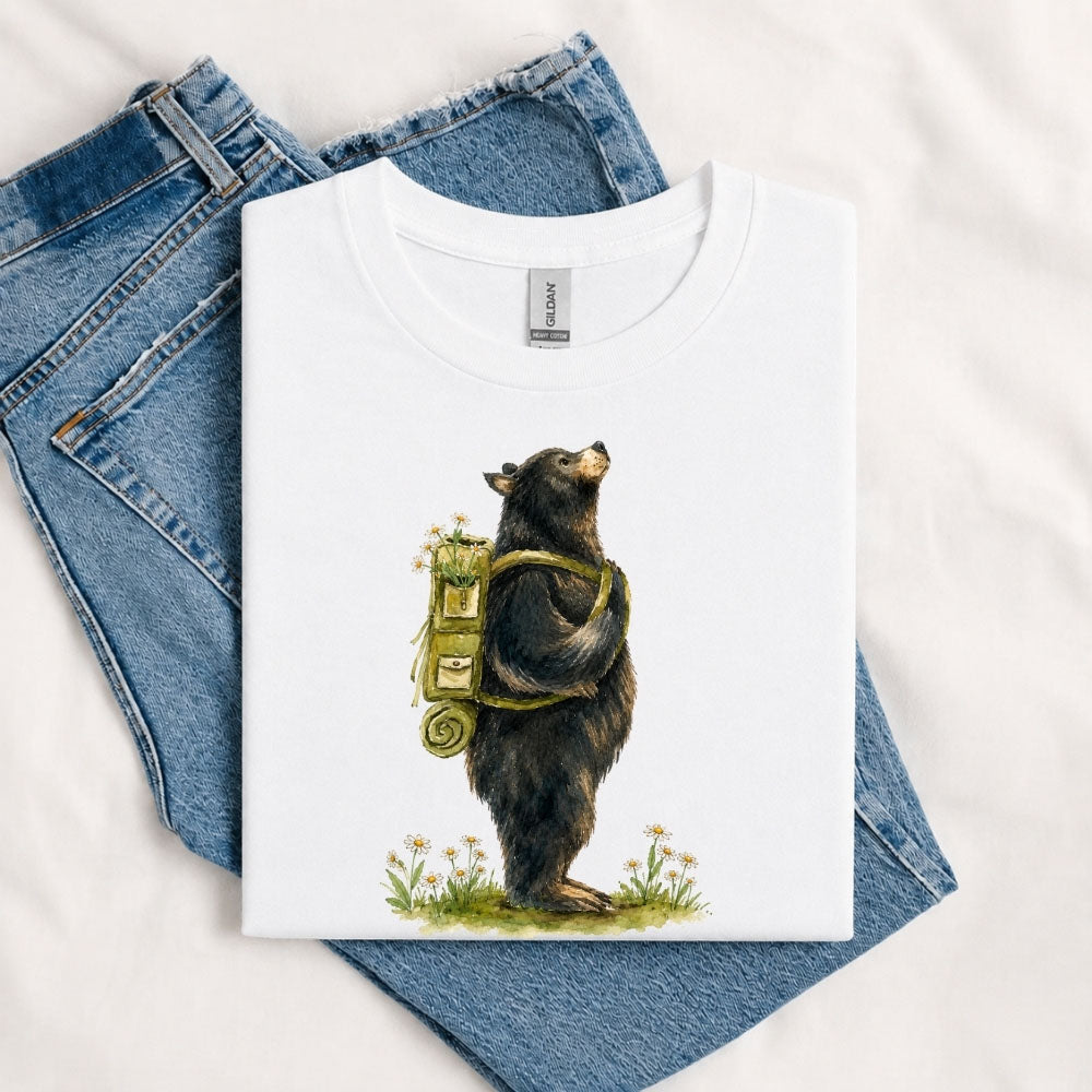 May include a White person wearing the Black Bear Gone Camping T-Shirt featuring a camping-themed black bear graphic for nature lovers and outdoor enthusiasts.