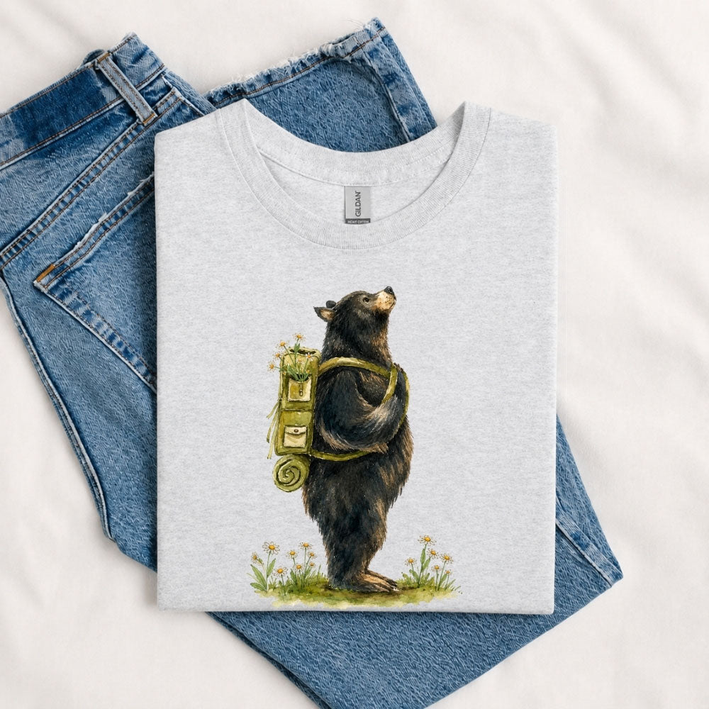 May include a Sport Grey person wearing the Black Bear Gone Camping T-Shirt featuring a camping-themed black bear graphic for nature lovers and outdoor enthusiasts.