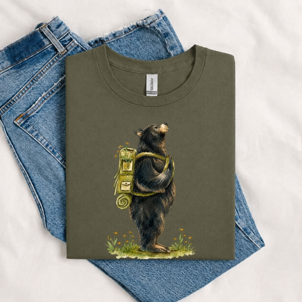 May include a Military Green person wearing the Black Bear Gone Camping T-Shirt featuring a camping-themed black bear graphic for nature lovers and outdoor enthusiasts.