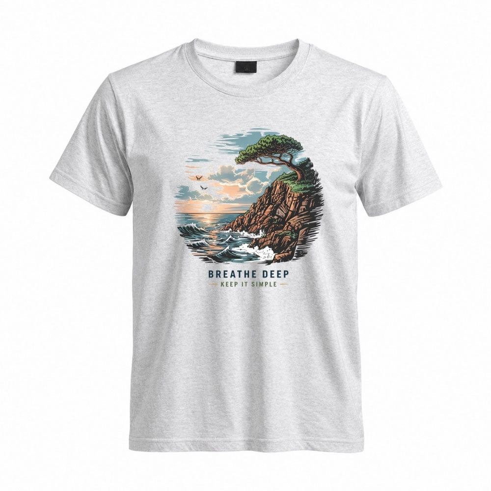 May include a Sport Grey Breathe Deep Keep It Simple T-Shirt featuring a scenic coastal landscape with ocean waves, rocky cliffs, a windswept tree, and an inspirational nature graphic.