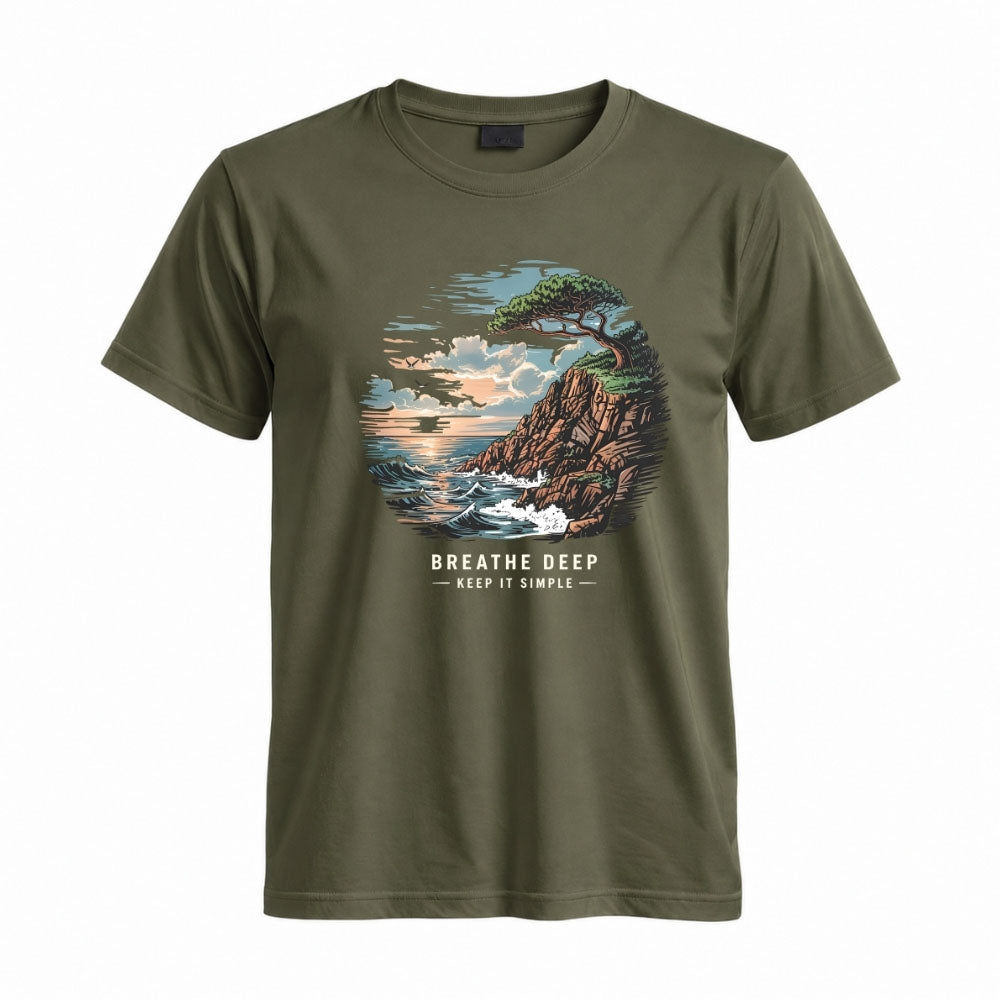 May include a Military Green Breathe Deep Keep It Simple T-Shirt featuring a scenic coastal landscape with ocean waves, rocky cliffs, a windswept tree, and an inspirational nature graphic.