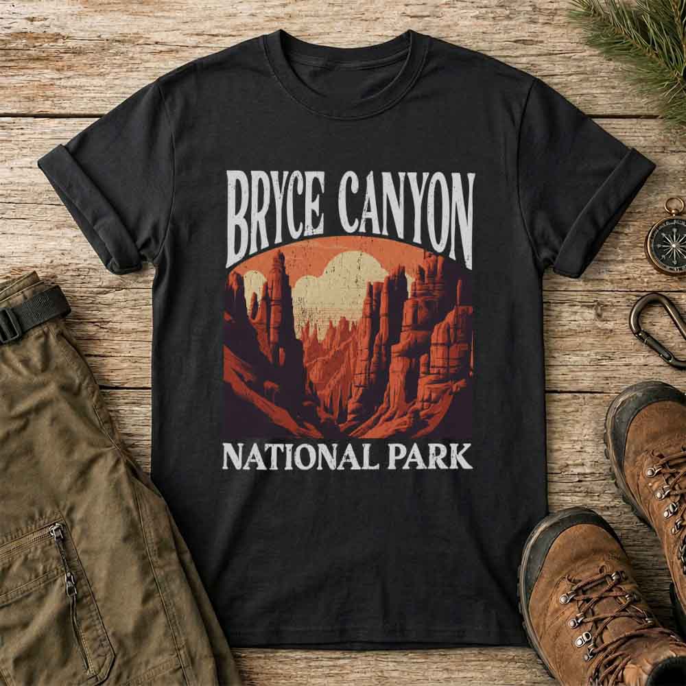 May include a Black Bryce Canyon National Park Utah hiking graphic on a casual t-shirt for hikers, campers, travelers, and outdoor adventure lovers.