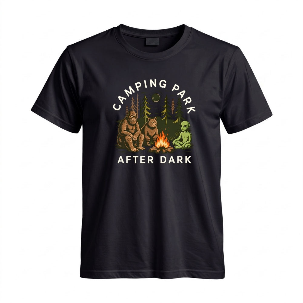 May include a Black Camping Park After Dark T-Shirt featuring alien, Bigfoot, and bear camping graphics with a nighttime forest scene for campers, hikers, and outdoor adventure enthusiasts.