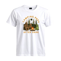 Thumbnail for May include a White Camping Park After Dark T-Shirt featuring alien, Bigfoot, and bear camping graphics with a nighttime forest scene for campers, hikers, and outdoor adventure enthusiasts.