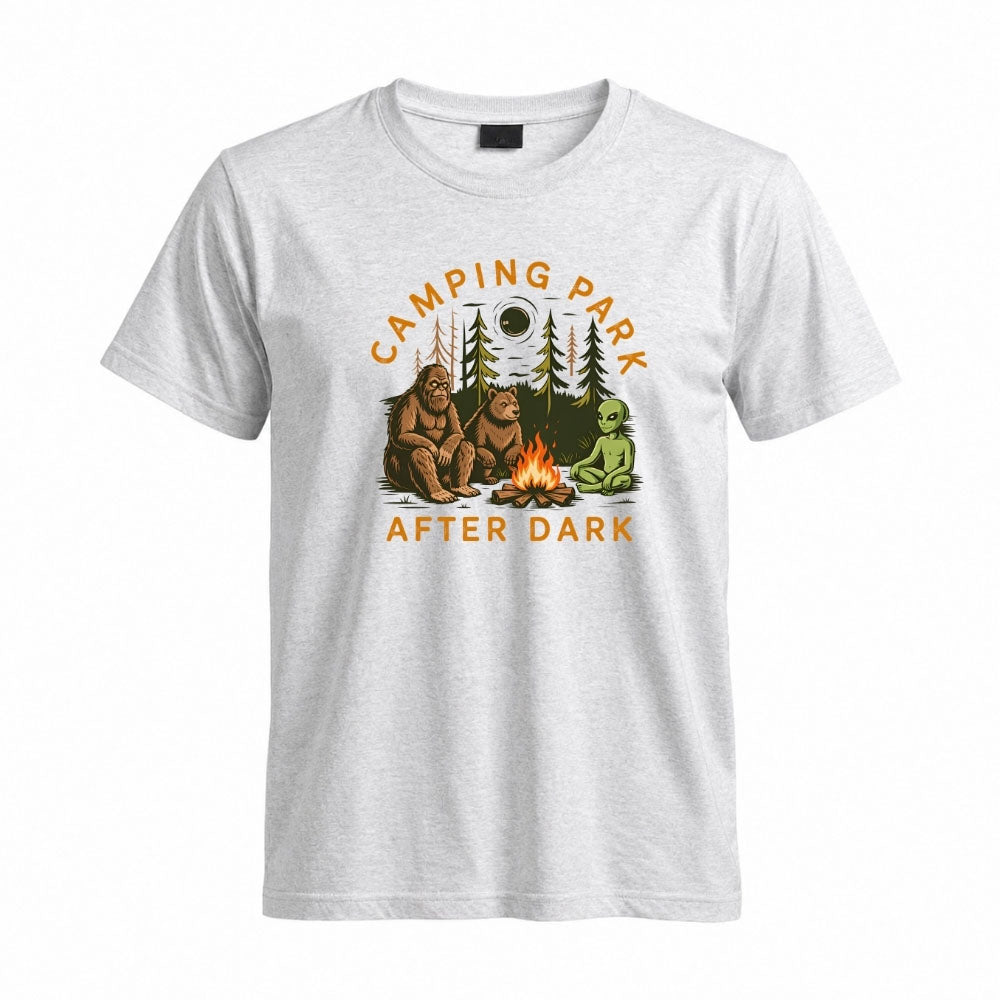 May include a Sport Grey Camping Park After Dark T-Shirt featuring alien, Bigfoot, and bear camping graphics with a nighttime forest scene for campers, hikers, and outdoor adventure enthusiasts.