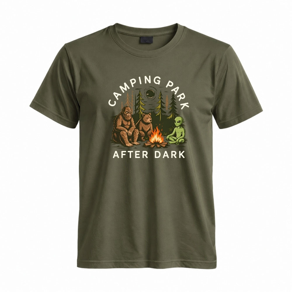May include a Military Green Camping Park After Dark T-Shirt featuring alien, Bigfoot, and bear camping graphics with a nighttime forest scene for campers, hikers, and outdoor adventure enthusiasts.