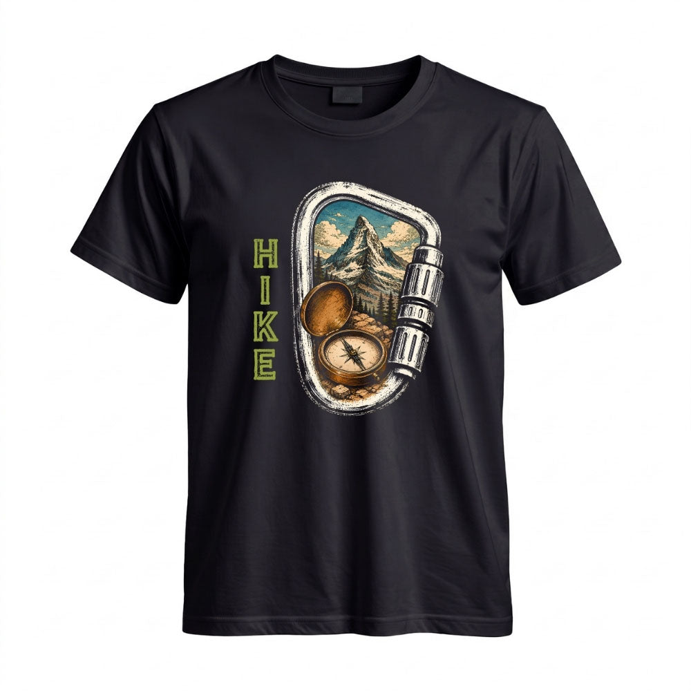 May include a Black person wearing the Carabiner Camping T-Shirt featuring a mountain adventure graphic with a carabiner design for hikers and outdoor enthusiasts.