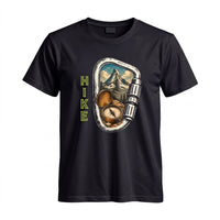 Thumbnail for May include a Black person wearing the Carabiner Camping T-Shirt featuring a mountain adventure graphic with a carabiner design for hikers and outdoor enthusiasts.