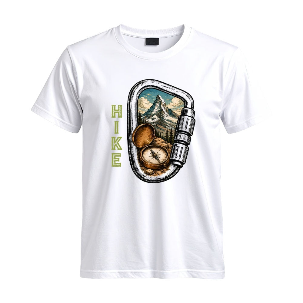 May include a White person wearing the Carabiner Camping T-Shirt featuring a mountain adventure graphic with a carabiner design for hikers and outdoor enthusiasts.