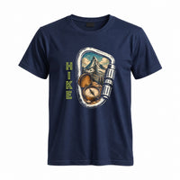 Thumbnail for May include a Navy person wearing the Carabiner Camping T-Shirt featuring a mountain adventure graphic with a carabiner design for hikers and outdoor enthusiasts.