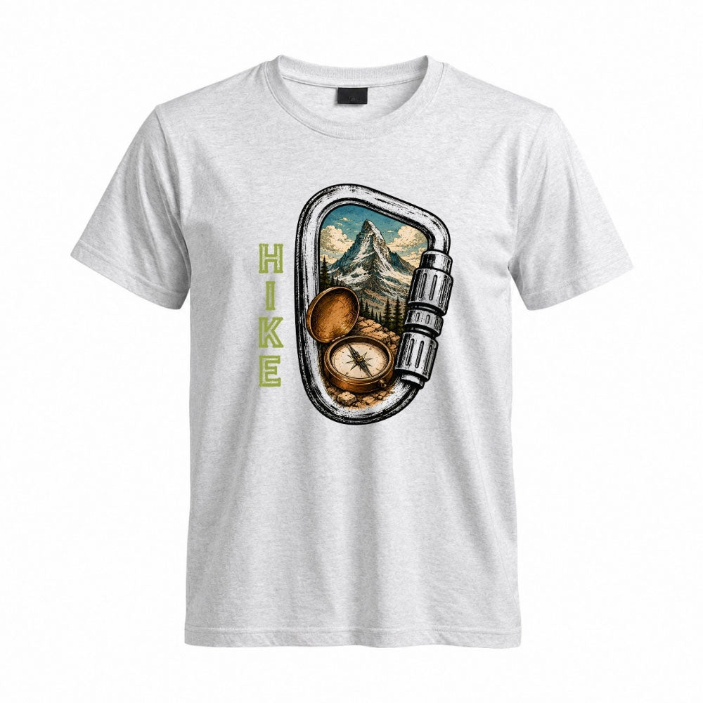 May include a Sport Grey person wearing the Carabiner Camping T-Shirt featuring a mountain adventure graphic with a carabiner design for hikers and outdoor enthusiasts.