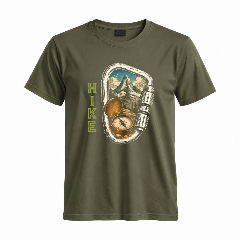May include a Military Green person wearing the Carabiner Camping T-Shirt featuring a mountain adventure graphic with a carabiner design for hikers and outdoor enthusiasts.