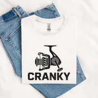 Thumbnail for May include a White funny Cranky Fishing graphic printed on a unisex cotton T-shirt featuring a humorous fish lover design for men and women.