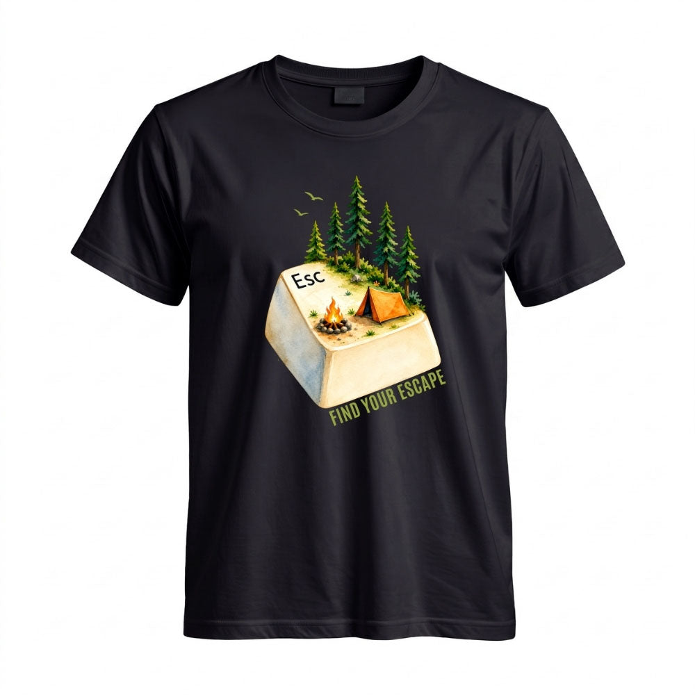 May include a Black person wearing the Escape Button T-Shirt featuring a minimalist keyboard Escape key graphic for gamers, programmers, and tech enthusiasts.
