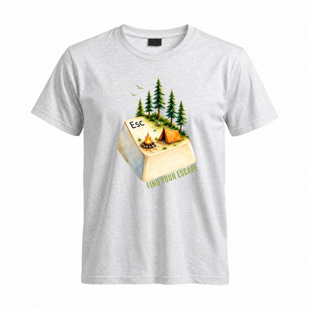 May include a White person wearing the Escape Button T-Shirt featuring a minimalist keyboard Escape key graphic for gamers, programmers, and tech enthusiasts.