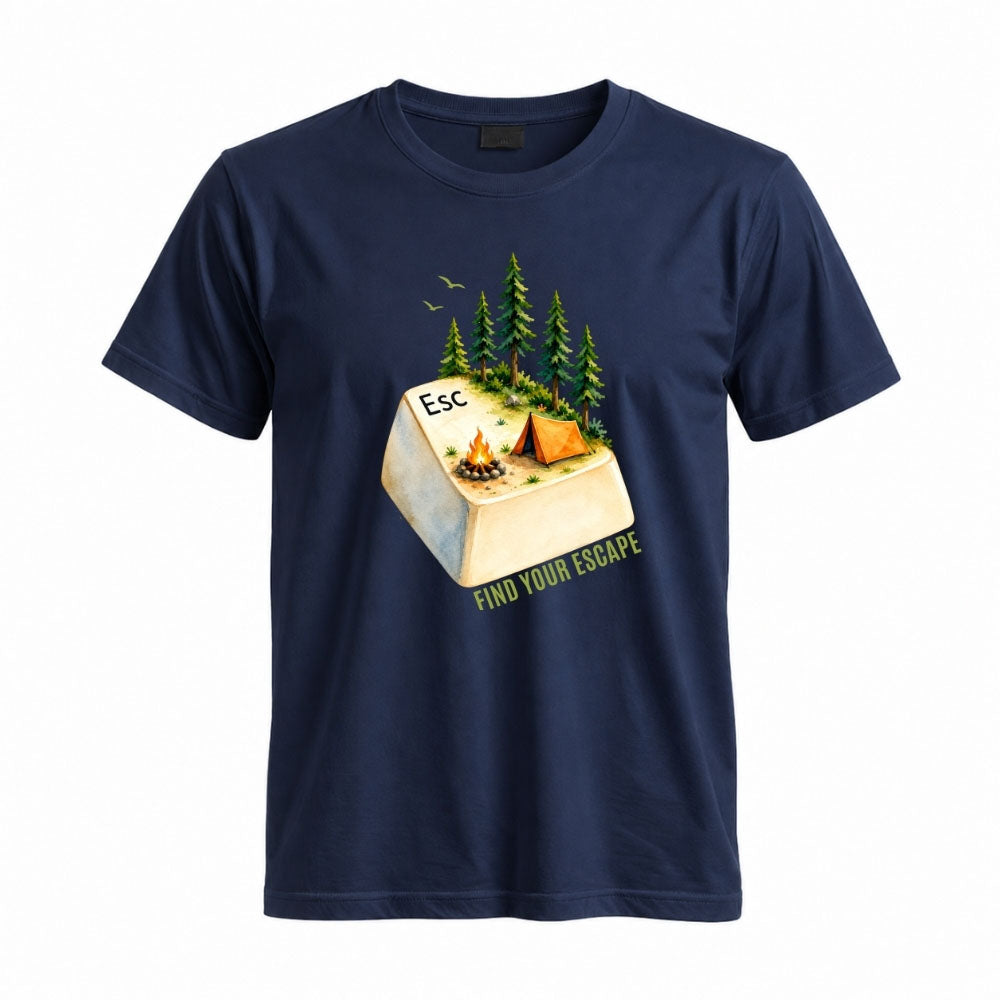 May include a Navy person wearing the Escape Button T-Shirt featuring a minimalist keyboard Escape key graphic for gamers, programmers, and tech enthusiasts.