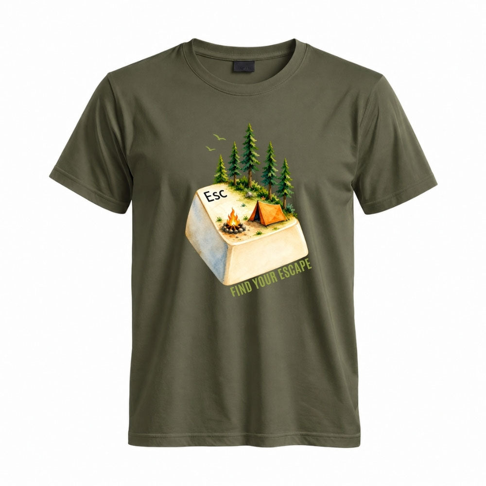 May include a Military Green person wearing the Escape Button T-Shirt featuring a minimalist keyboard Escape key graphic for gamers, programmers, and tech enthusiasts.