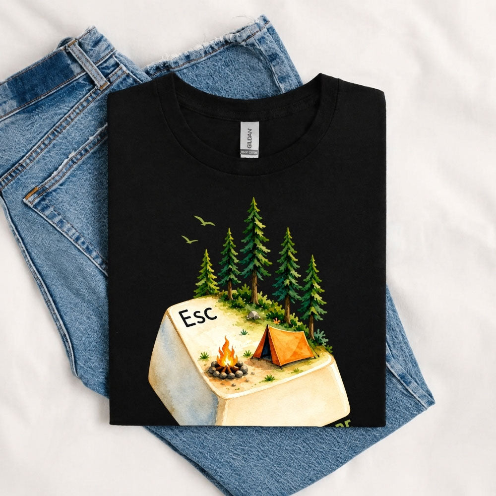 May include a Black person wearing the Escape Button T-Shirt featuring a minimalist keyboard Escape key graphic for gamers, programmers, and tech enthusiasts.