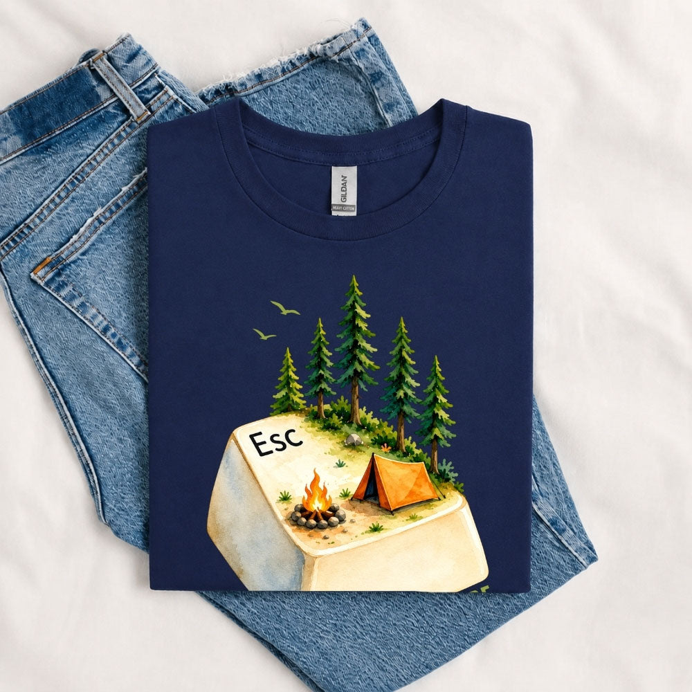 May include a Navy person wearing the Escape Button T-Shirt featuring a minimalist keyboard Escape key graphic for gamers, programmers, and tech enthusiasts.