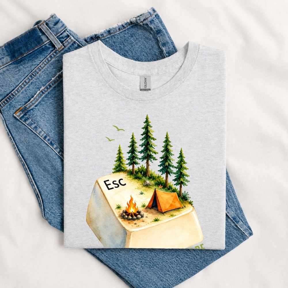 May include a Sport Grey person wearing the Escape Button T-Shirt featuring a minimalist keyboard Escape key graphic for gamers, programmers, and tech enthusiasts.