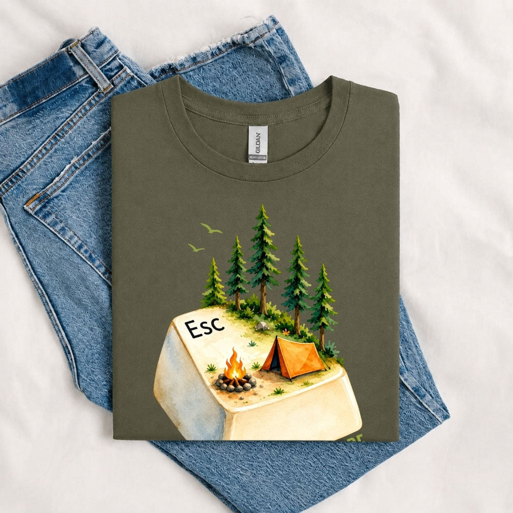 May include a Military Green person wearing the Escape Button T-Shirt featuring a minimalist keyboard Escape key graphic for gamers, programmers, and tech enthusiasts.
