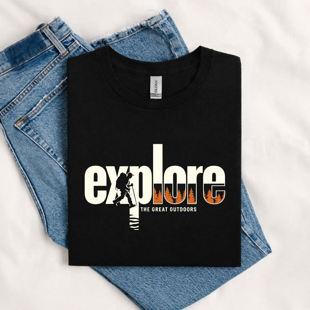 May include a Black Explore the Great Outdoors T-Shirt featuring an outdoor adventure graphic for hikers, campers, backpackers, and nature lovers.