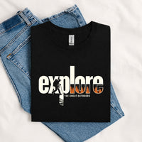 Thumbnail for May include a Black Explore the Great Outdoors T-Shirt featuring an outdoor adventure graphic for hikers, campers, backpackers, and nature lovers.