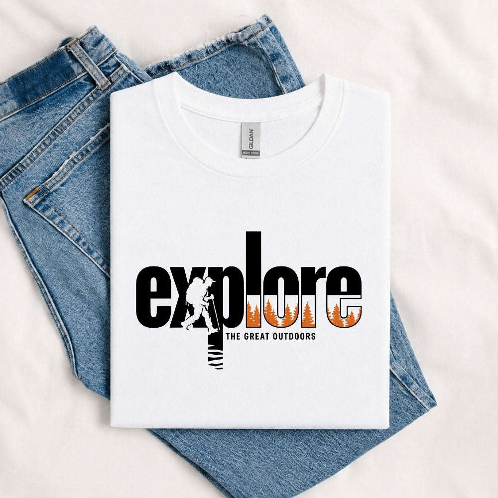 May include a White Explore the Great Outdoors T-Shirt featuring an outdoor adventure graphic for hikers, campers, backpackers, and nature lovers.