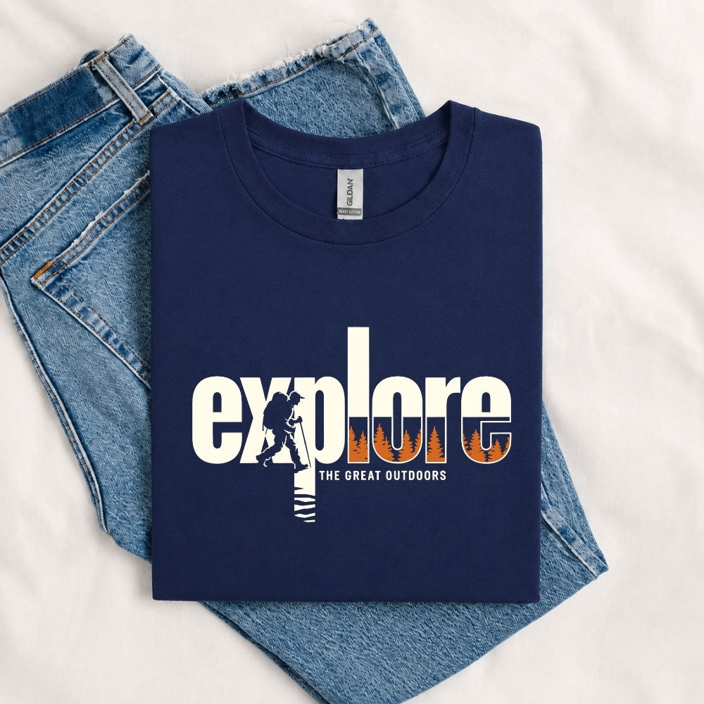 May include a Navy Explore the Great Outdoors T-Shirt featuring an outdoor adventure graphic for hikers, campers, backpackers, and nature lovers.
