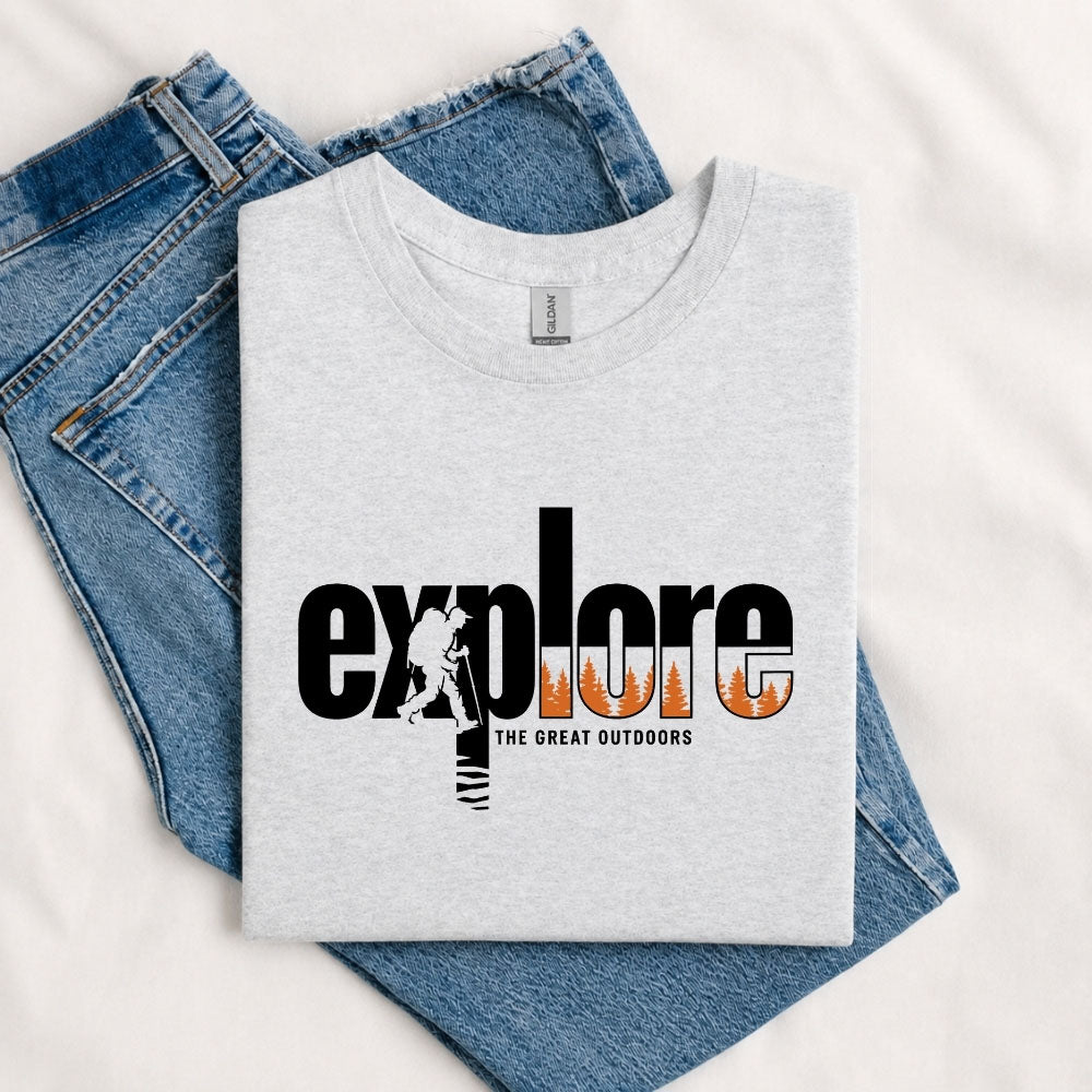May include a Sport Grey Explore the Great Outdoors T-Shirt featuring an outdoor adventure graphic for hikers, campers, backpackers, and nature lovers.