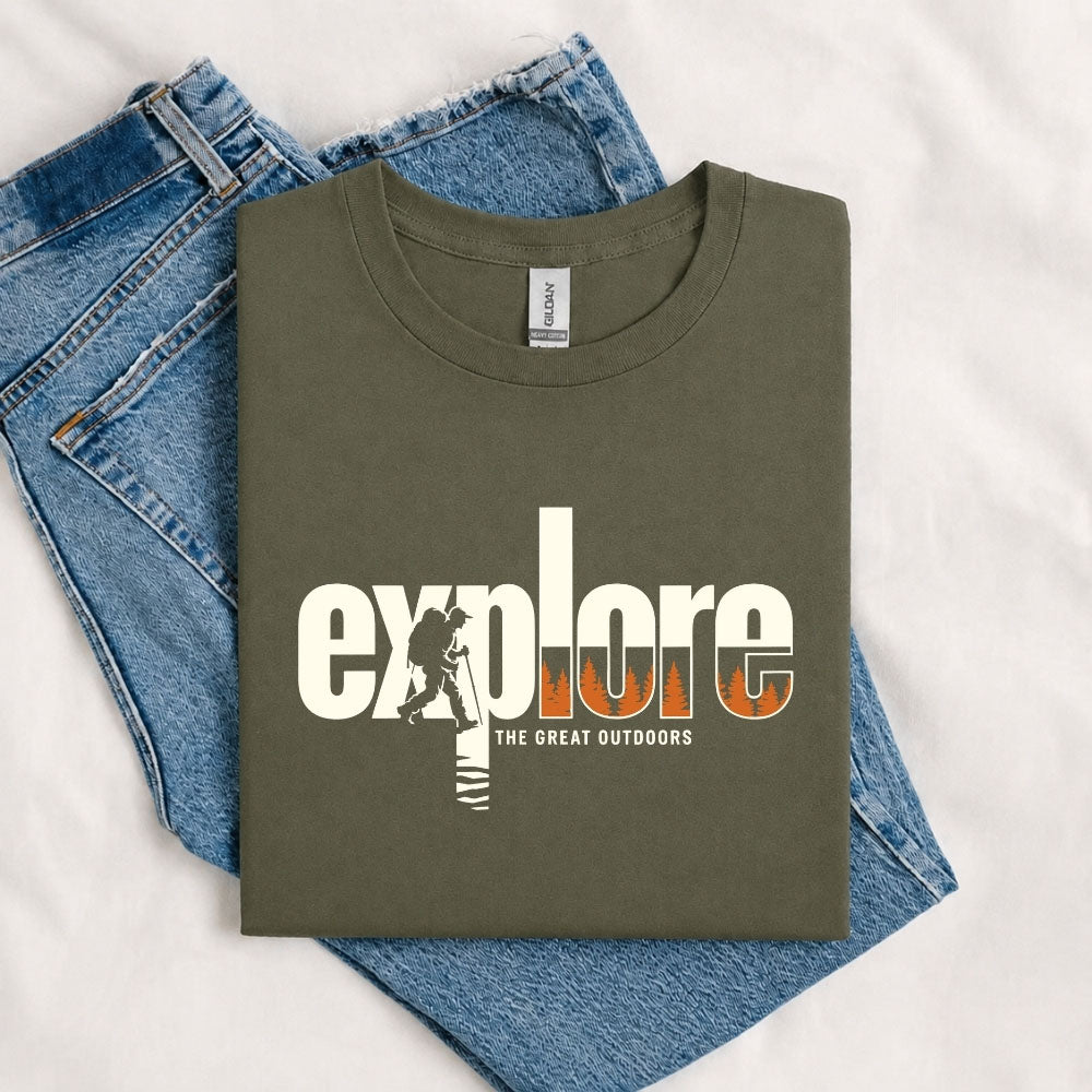 May include a Militarty Green Explore the Great Outdoors T-Shirt featuring an outdoor adventure graphic for hikers, campers, backpackers, and nature lovers.