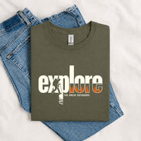 Thumbnail for May include a Militarty Green Explore the Great Outdoors T-Shirt featuring an outdoor adventure graphic for hikers, campers, backpackers, and nature lovers.